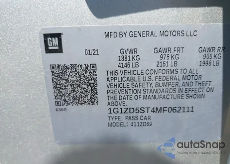 2021 Chevrolet Malibu Fwd Lt из США, поврежденный, VIN 1G1ZD5ST4MF062111